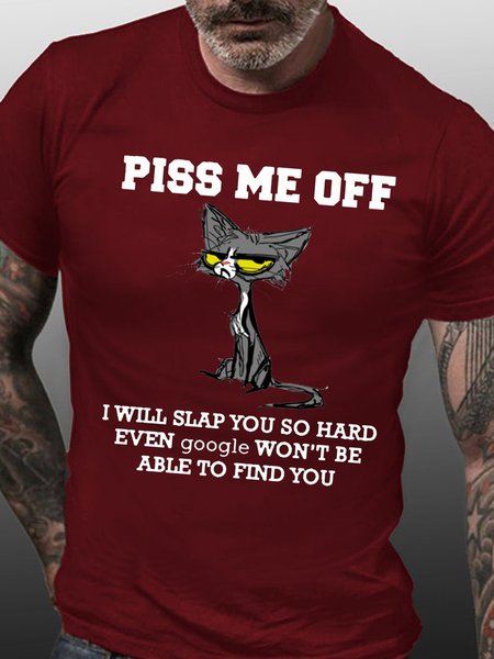 

Men's Funny Letter Piss Me Off Cat Print Cotton Crew Neck Casual T-Shirt, Red, T-shirts