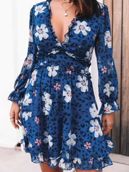 

V Neck Floral Casual Cotton-Blend Dress, Blue, Dresses