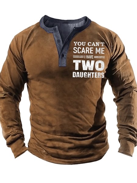

Men's You Can't Scare Me I Have Two Daughters Funny Graphic Print Casual Half Turtleneck Regular Fit Text Letters Top, Khaki, Long Sleeves