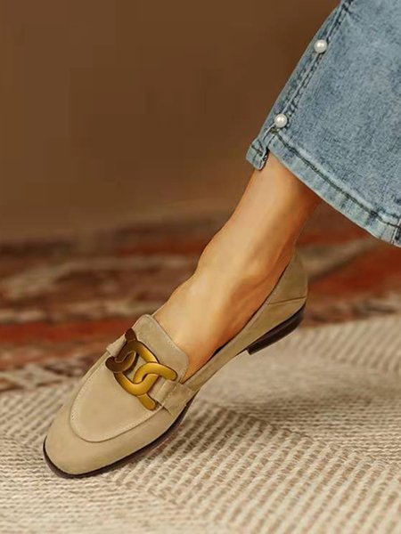 

Gold Buckle Suede Loafers, Camel, Flats