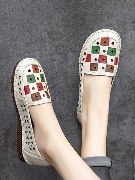 

Vintage Color Block Hollow Out Stitch Detail Flat Shoes, White, Flats