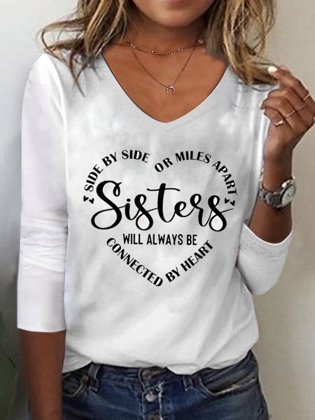 

Women Sister Text Letters Regular Fit Casual V Neck T-Shirt, White, Tops