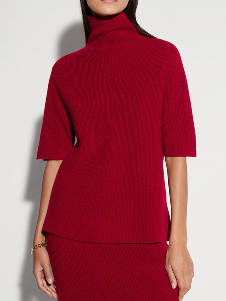 

High Elasticity Urban Plain Turtleneck Short sleeve Loose Sweater, Red, Pullovers