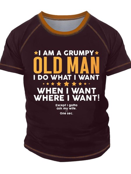 

Men's I Am A Grumpy Old Man I Do What I Want When I Want Where I Want Except I Gotta Ask My Wife Funny Graphic Print Valentine's Day Gift Couples Crew Neck Casual Text Letters Regular Fit T-Shirt, Red, T-shirts