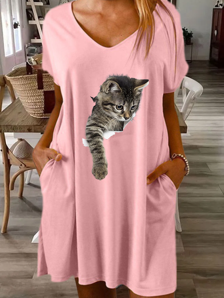 

Women‘s Funny Cat Loose V Neck Cat Casual Dress, Pink, Dresses