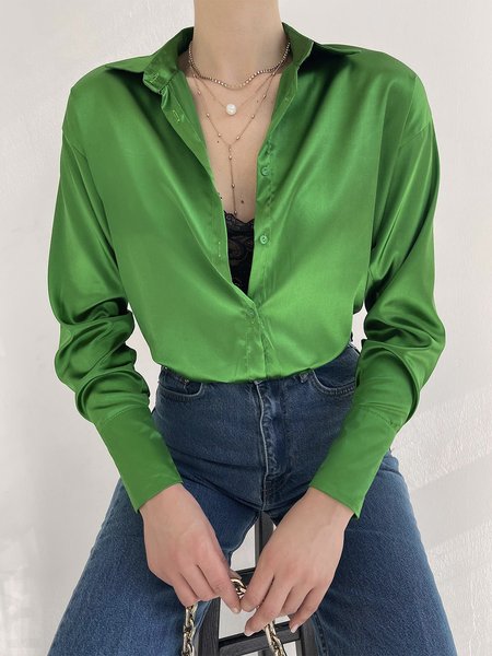 

Plain Regular Fit Urban Long Sleeve Blouse, Green, Blouses and Shirts