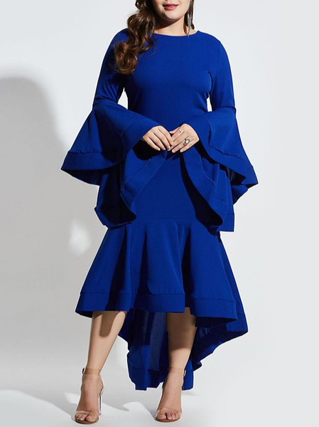 

Elegant Crew Neck Plain Dress, Blue, Maxi Dresses