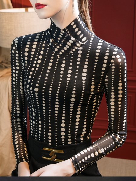 

Polka Dots Half Turtleneck Tight Elegant T-Shirt, Black, Tees