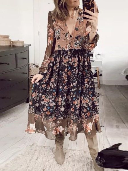 

Regular Fit Casual Floral V Neck Dress, Khaki, Dresses