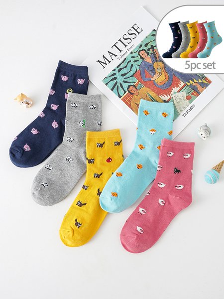 

5Pcs Casual Animal Pattern High Stretch Socks Set Daily Commuting Outdoor Home Accessories, Multicolor, Socks