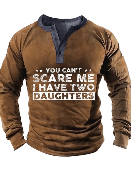 

Men's You Don't Scare Me I Have Two Daughters Funny Graphic Print Half Turtleneck Regular Fit Casual Text Letters Top, Khaki, Long Sleeves