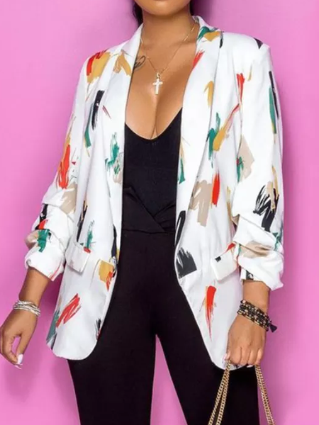 Lapel Collar Graffiti Casual Loose Other Coat, Multicolor, Cardigans