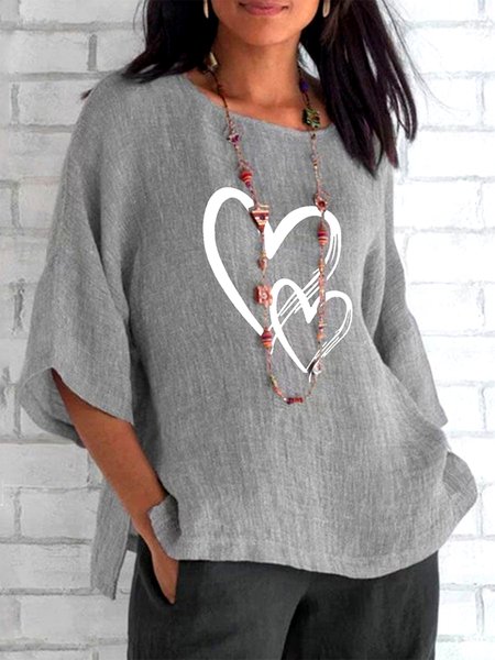 

Casual Crew Neck Heart/Cordate Top, Gray, Tops