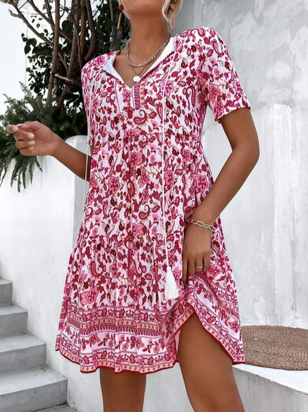 

Casual Loose Floral V Neck Dress, Red, Mini Dresses