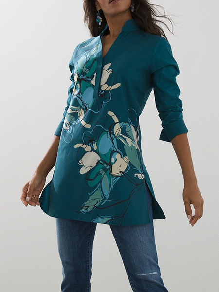 

Regular Fit Floral Shirt Collar Casual Top, Cyan, Tops