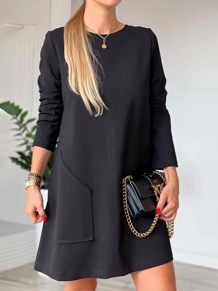 

Long sleeve Simple Loose Crew Neck Plain Dress, Black, Mini Dresses