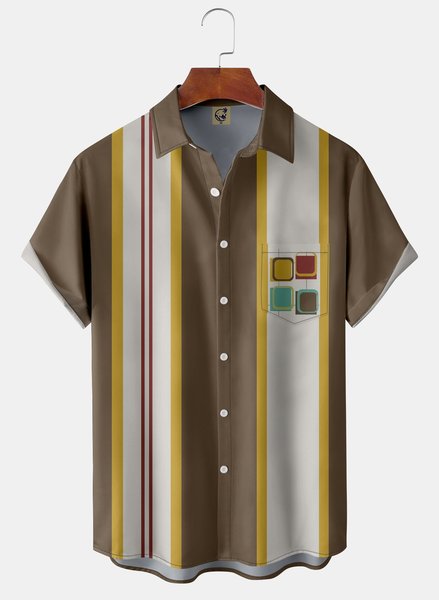 

Mid Century Chest Pocket Short Sleeve Bowling Shirt, Brown, Men Shirts