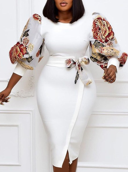 

Knitted Crew Neck Floral Elegant Dress, White, Midi Dresses