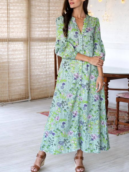 

Printed floral button-down long holiday dress, Multicolor, Dresses
