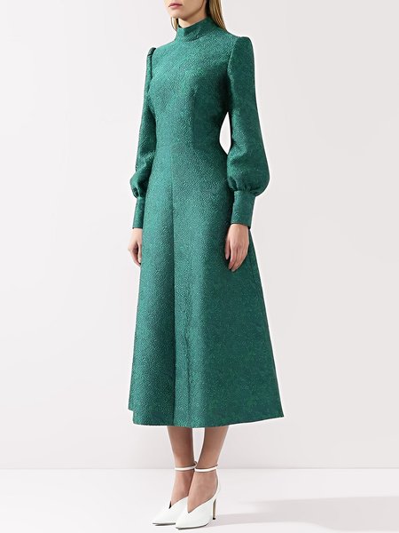 

Regular Fit Elegant Plain Stand Collar Dress, Green, Midi Dresses