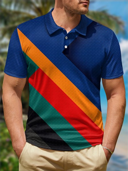 

Geometric Color Block Button Short Sleeve Golf Polo Shirt, Royal blue, Polo Shirts