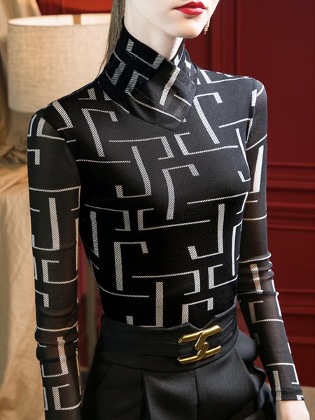 

Half Turtleneck Text Letters Elegant Tight T-Shirt, Black, Tees