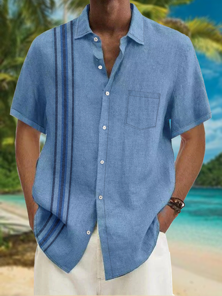 

Striped Print Chest Pocket Short Sleeve Bowling Shirt, Blue, Men Shirts