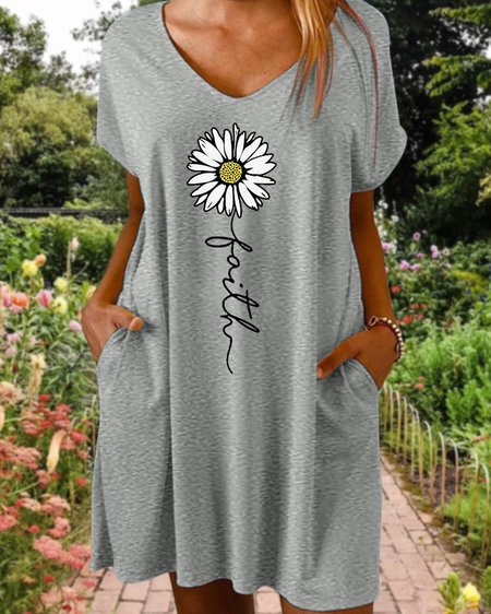 

Women's Daisy Faith Print Casual Crew Neck Dress, Gray, Dresses