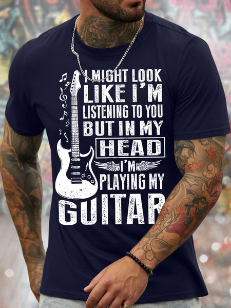 

Men's I Might Look Like I Am Listening To You But In My Head I Am Playing My Guitar Funny Graphic Print Text Letters Casual Cotton T-Shirt, Purplish blue, T-shirts