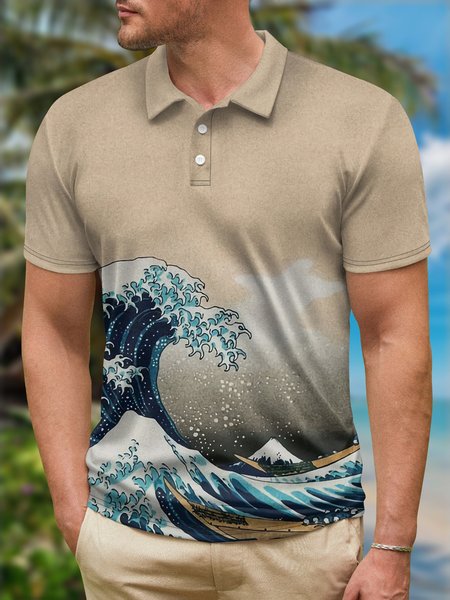

Ukiyo-e Wave Button Short Sleeve Polo Shirt, Khaki, Polo Shirts