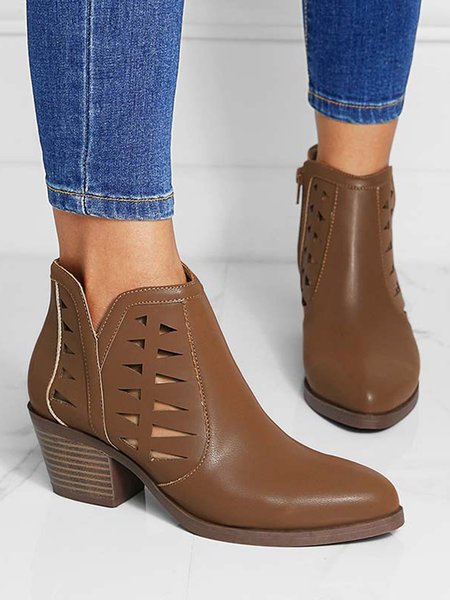 

Vintage Cutout Leather Chunky Heel Ankle Boots, Brown, Boots