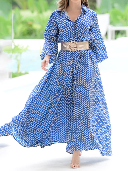 

Loose Elegant Geometric Shirt Collar Long sleeve Long Dress, Blue, Maxi Dresses