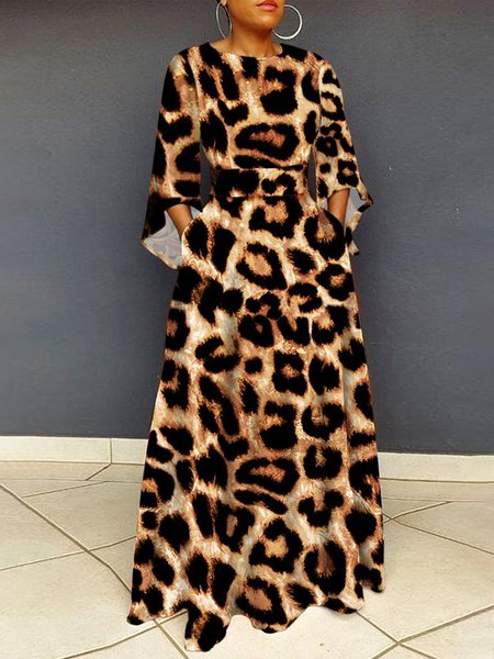 

Urban Crew Neck Regular Fit Leopard Dress, Brown, Maxi Dresses