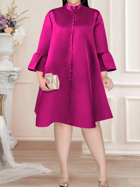 

Plain Elegant Loose Stand Collar Three Quarter Midi Dress, Rose red, Midi Dresses