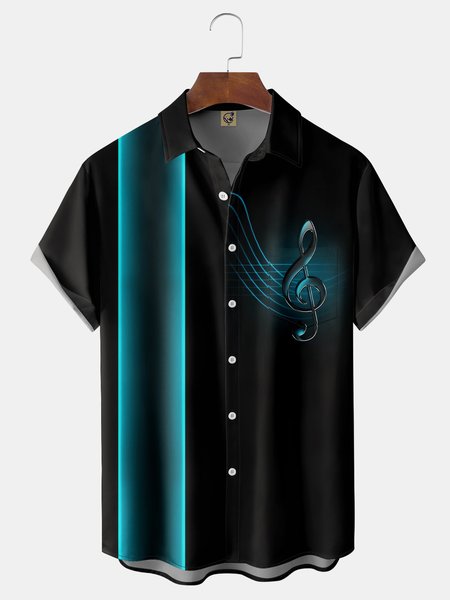 

Music Chest Pocket Short Sleeve Bowling Shirt, Black, Men Shirts