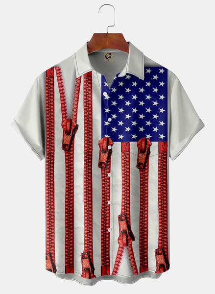 

American Flag Zipper Chest Pocket Short Sleeve Casual Shirt, Red, Men Shirts