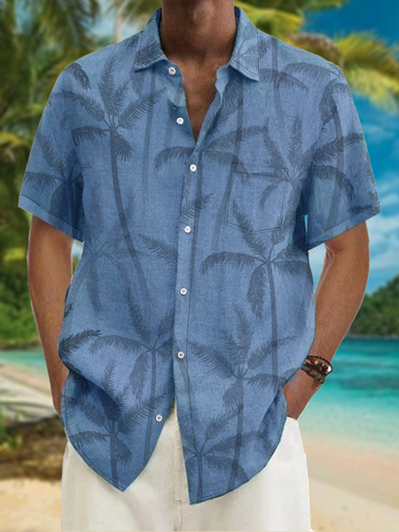 

Coconut Tree Chest Pocket Short Sleeve Resort Shirt, Blue, Men Shirts