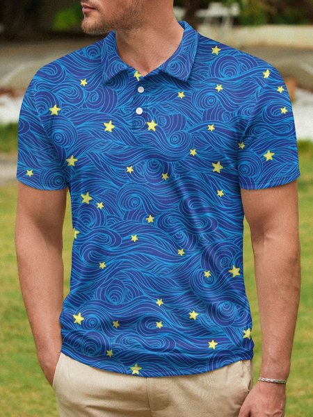 

Japanese Wave Stars Button Short Sleeve Polo Shirt, Sky blue, Polo Shirts