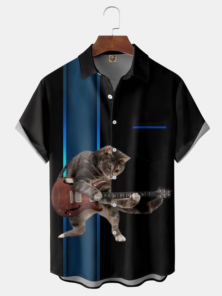

Fun Musical Cat Chest Pocket Short Sleeve Shirt, Black, Men Shirts