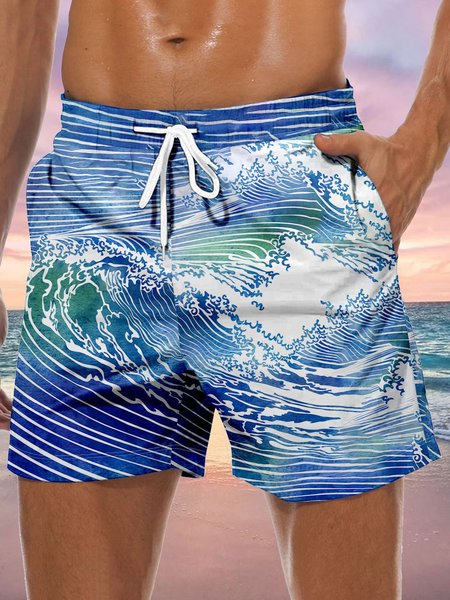 

Ocean Wave Drawstring Beach Shorts, Blue, Men's shorts
