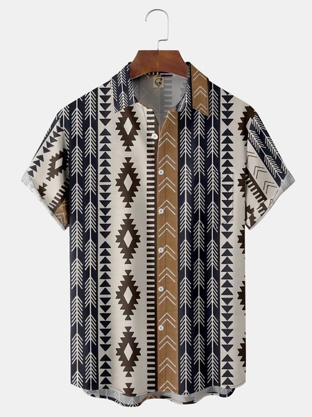 Western Pattern Chest Pocket Short Sleeve Casual Shirt, Khaki, Men Shirts