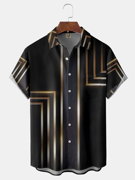 

Geometry Chest Pocket Short Sleeve Casual Shirt, Black, Men Shirts