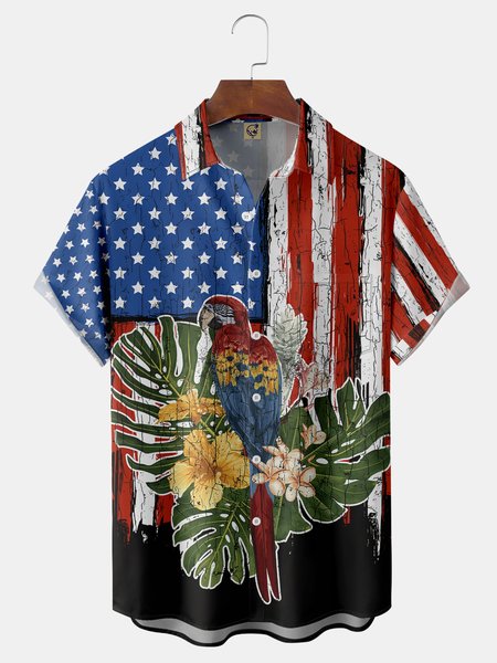 

American Flag Parrot Chest Pocket Short Sleeve Hawaiian Shirt, Black, Men Shirts