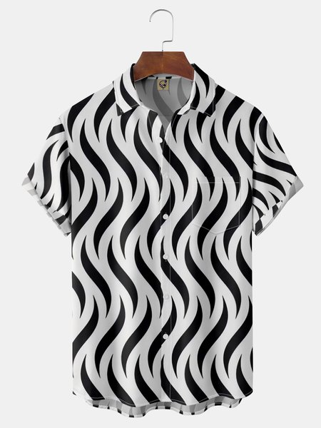 

Wave Pattern Chest Pocket Short Sleeve Casual Shirt, White, Men Shirts