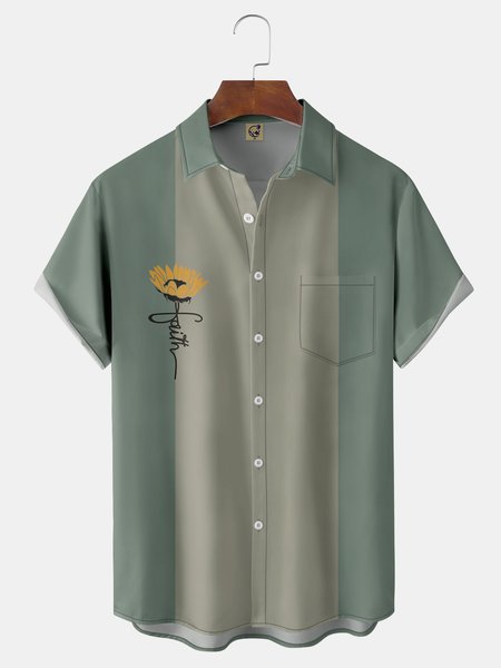 

Cross Chest Pocket Short Sleeve Bowling Shirt, Green, Men Shirts
