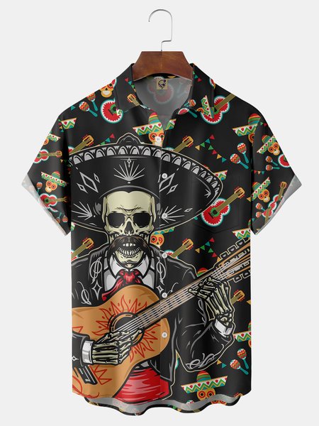 

Cinco De Mayo Skull Chest Pocket Short Sleeve Shirt, Black, Men Shirts