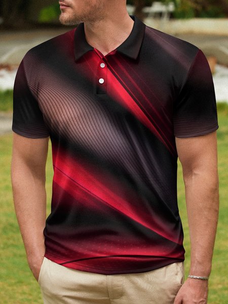 

3D Gradient Abstract Stripe Button Short Sleeve Polo Shirt, Red, Polo Shirts