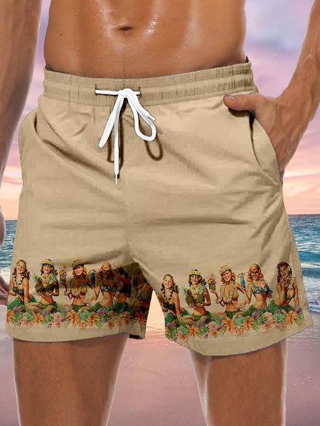 

Hula Girl Drawstring Beach Shorts, Brown, Men's shorts