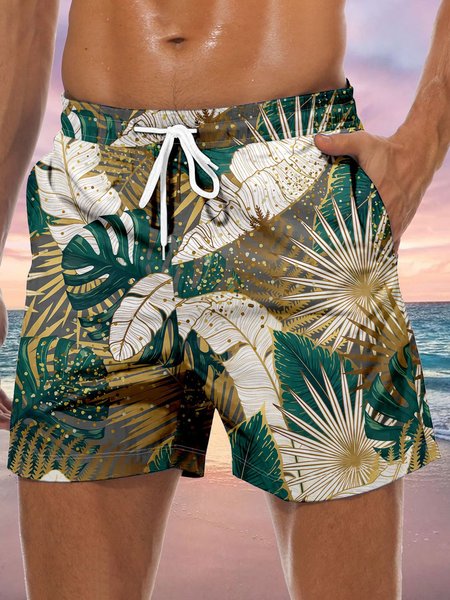 Leaf Drawstring Beach Shorts, Green, Men's shorts