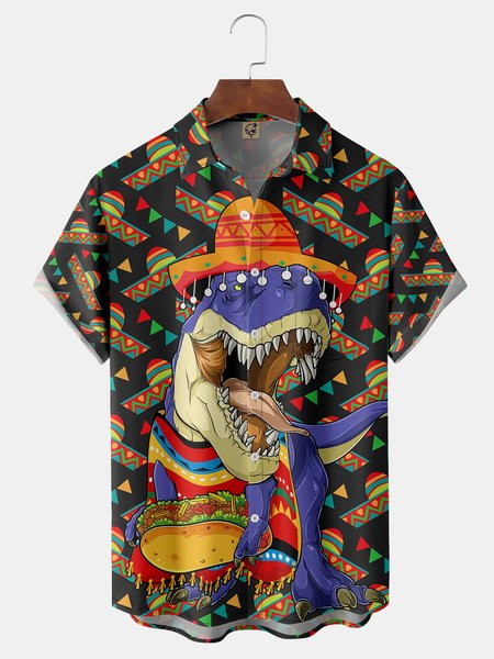 

Cinco De Mayo Dinosaur Chest Pocket Short Sleeve Shirt, Black, Men Shirts